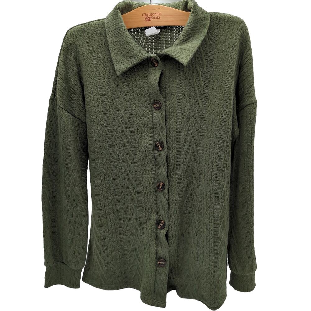 HEIMISH U.S.A. S Green Cable Knit Button-Up Sweater